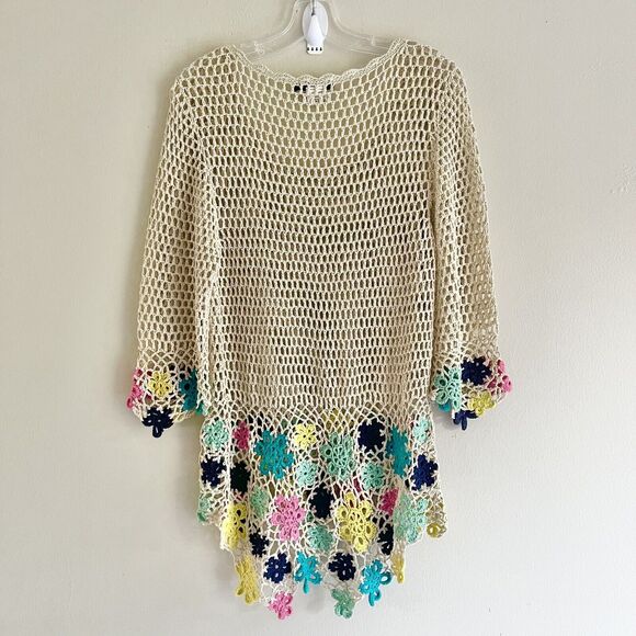 Boho Open Knit Crochet Top M Longline Cover Up Floral Festival Hi Low Hem Tan - Picture 5 of 10
